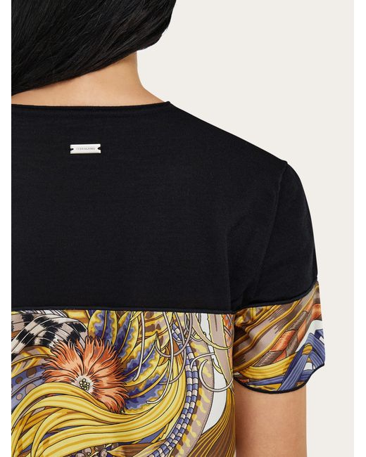 Ferragamo Black Crewneck T-Shirt With Rooster Print Inserts