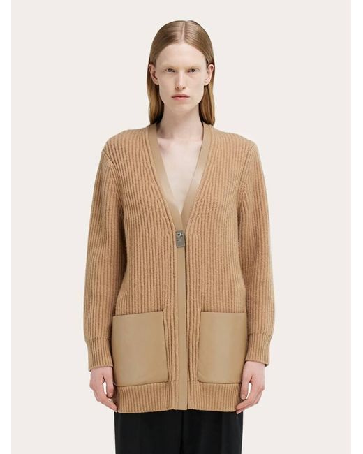 Ferragamo Natural Longline Cardigan With Leather Trims