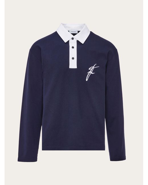 Ferragamo Blue Long Sleeved Polo With Contrasting Collar for men