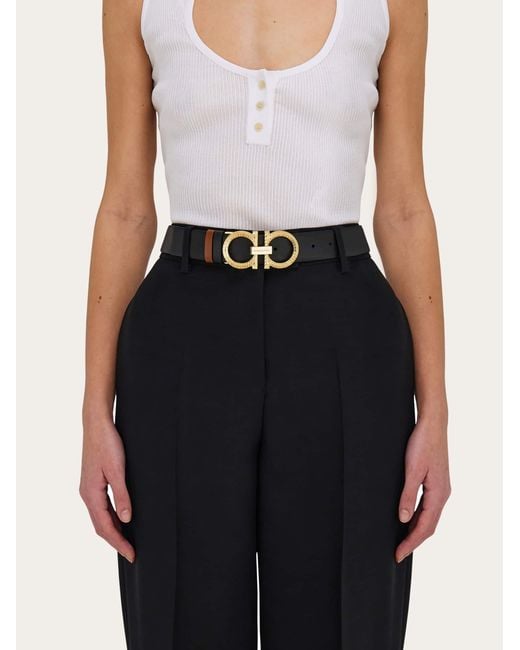 Ferragamo White Reversible And Adjustable Belt With Hammered Gancini