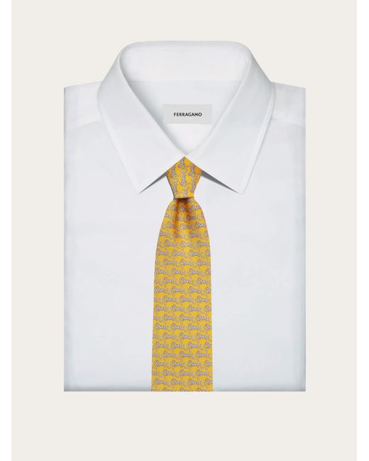 Ferragamo Yellow Tiger Print Silk Tie for men