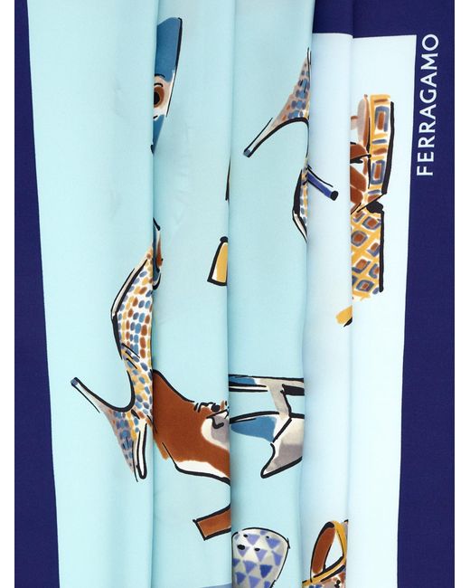 Ferragamo Blue Genio Print Silk Scarf