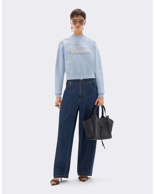 Ferrari Blue Cotton Crew-Neck Sweatshirt With Embroidery