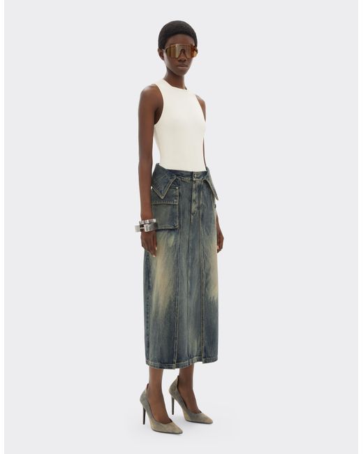 Ferrari Gray Acid-Washed Denim Midi Skirt
