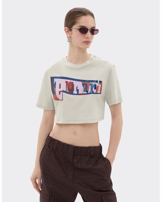 Ferrari White Cropped T-Shirt With Color Block Logo Print