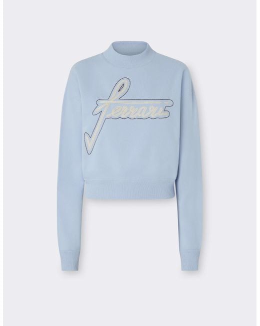 Ferrari Blue Cotton Crew-Neck Sweatshirt With Embroidery
