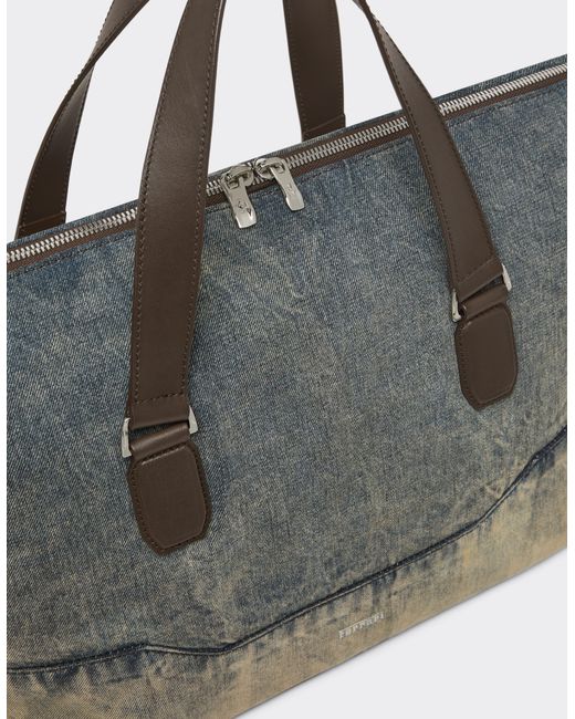 Ferrari Gray Acid-Washed Denim And Leather Duffle Bag for men