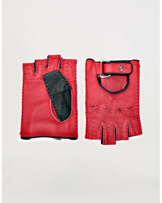 Ferrari Red Leather Driving Gloves With Prancing Horse Detail