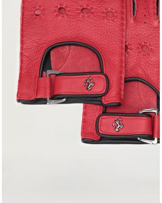 Ferrari Red Leather Driving Gloves With Prancing Horse Detail