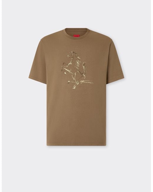 Ferrari Natural Cotton T-Shirt With Prancing Horse Print for men