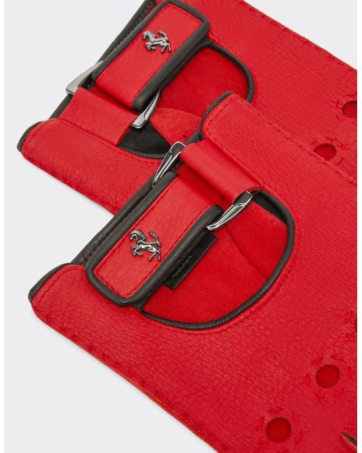 Ferrari Red Leather Driving Gloves With Prancing Horse Detail