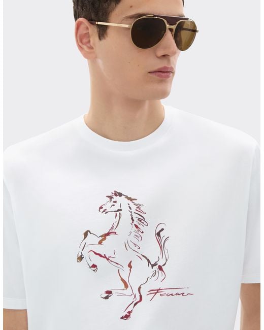 Ferrari White Cotton T-Shirt With Prancing Horse Print for men