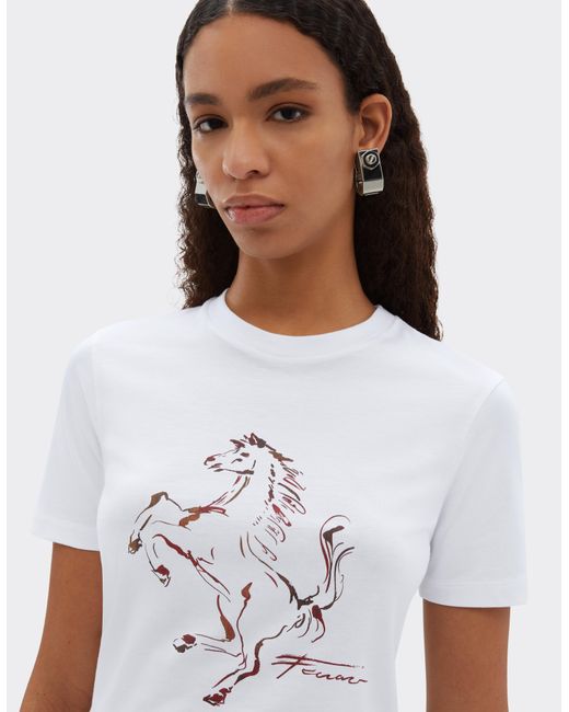 Ferrari White Cotton T-Shirt With Prancing Horse Print