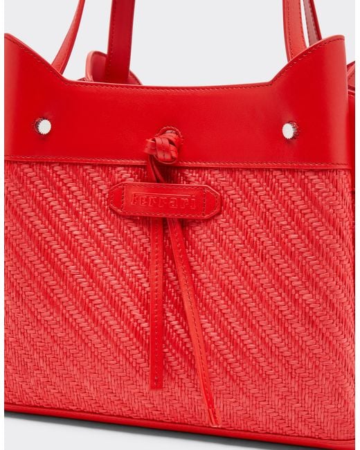Ferrari Red Small Raffia And Leather Tote Bag