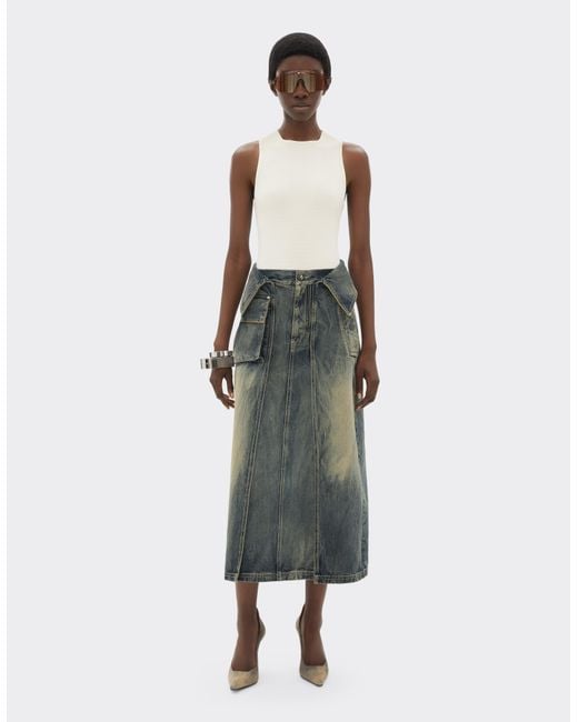 Ferrari Gray Acid-Washed Denim Midi Skirt