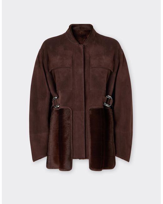 Ferrari Brown Shearling Caban With 7X7 Check Pattern