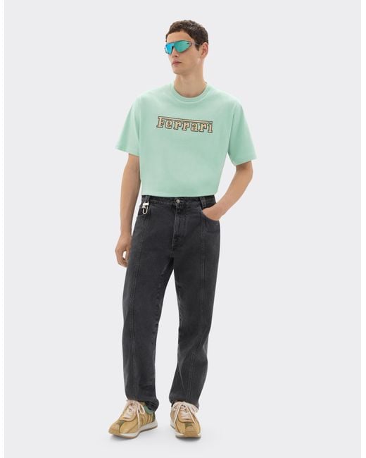 Ferrari Green Cotton T-Shirt With Embroidered Logo for men
