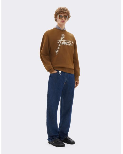 Ferrari Brown Embroidered Crew-Neck Sweatshirt for men