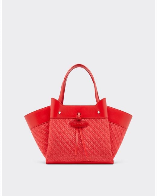 Ferrari Red Small Raffia And Leather Tote Bag