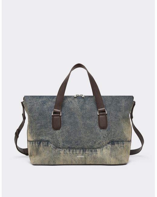 Ferrari Gray Acid-Washed Denim And Leather Duffle Bag for men