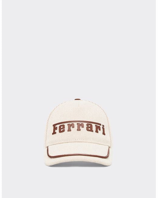 Ferrari Natural Baseball Cap With Embroidered Logo And Leather Details