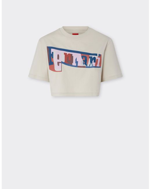 Ferrari White Cropped T-Shirt With Color Block Logo Print