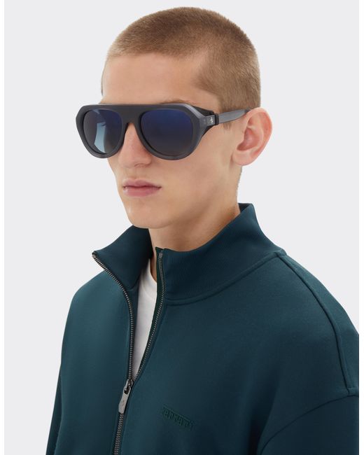 Ferrari Blue Matt Sunglasses With Leather Details And Polarised Lenses