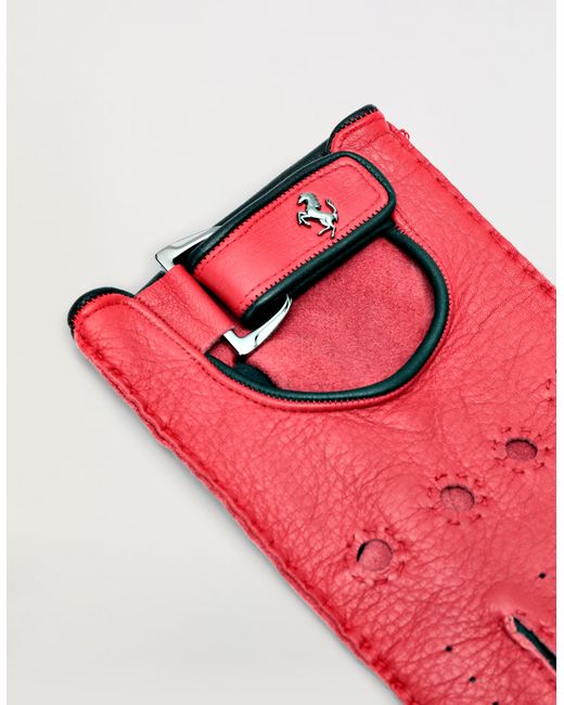 Ferrari Red Leather Driving Gloves With Prancing Horse Detail