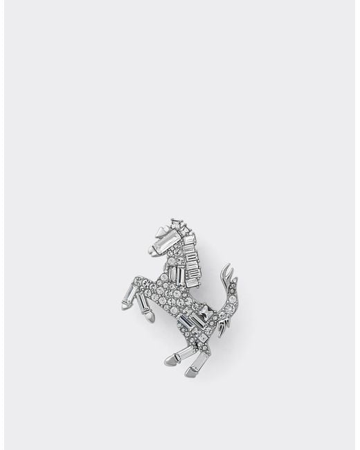 Ferrari White Small Prancing Horse Brooch With Rhinestones
