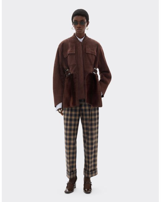 Ferrari Brown Shearling Caban With 7X7 Check Pattern