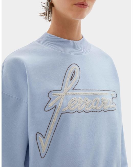 Ferrari Blue Cotton Crew-Neck Sweatshirt With Embroidery