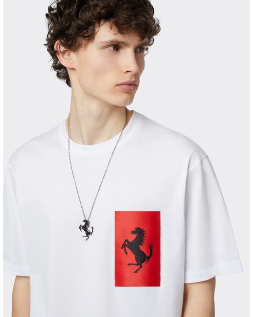 Ferrari White Cotton T-Shirt With Prancing Horse Pocket for men