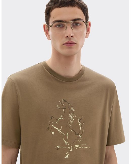 Ferrari Natural Cotton T-Shirt With Prancing Horse Print for men