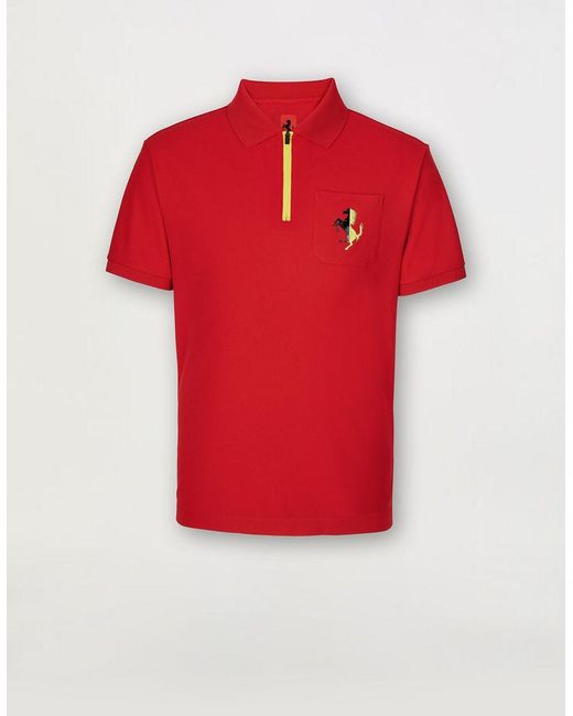 Ferrari Red Zip-up Polo Made Of Recycled Pique Technical Fabric for men
