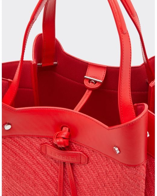 Ferrari Red Small Raffia And Leather Tote Bag