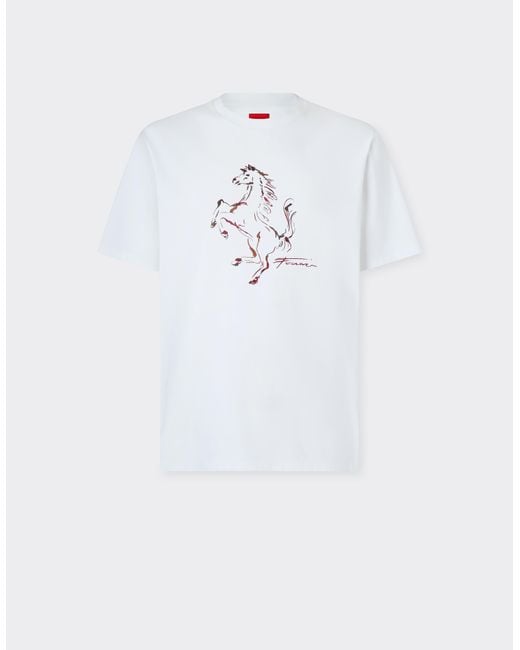 Ferrari White Cotton T-Shirt With Prancing Horse Print for men
