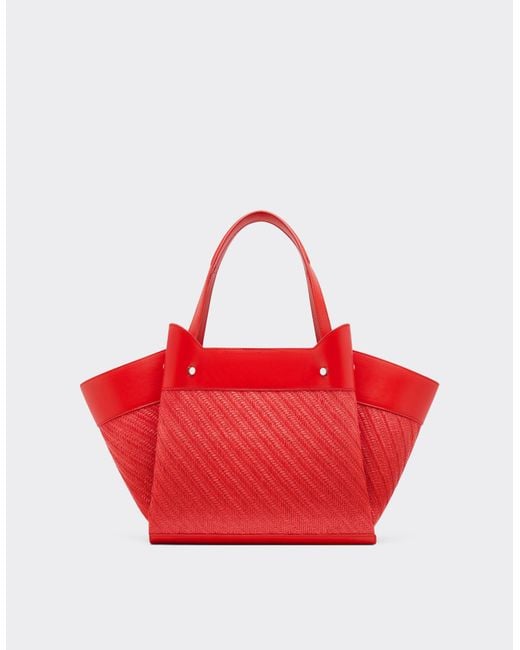 Ferrari Red Small Raffia And Leather Tote Bag