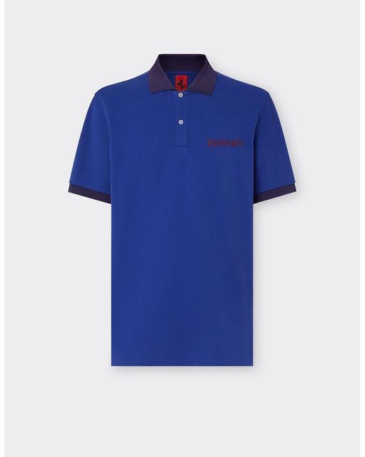 Ferrari Blue Short-sleeve Cotton Polo Shirt With Logo for men