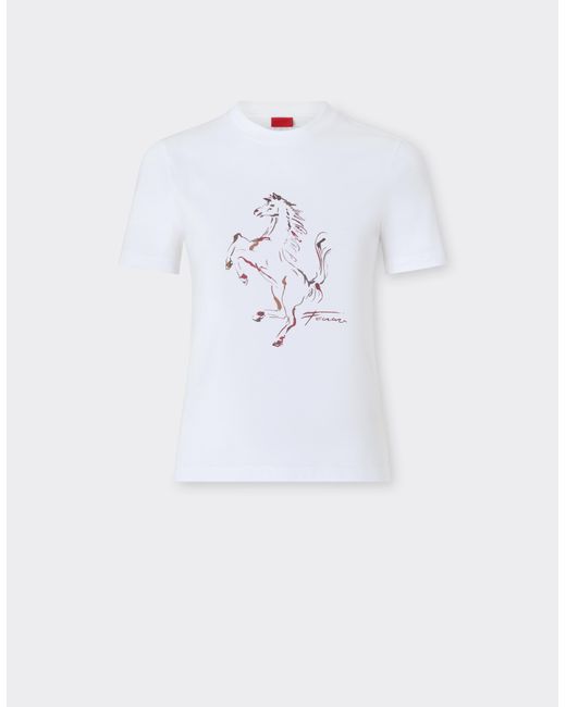 Ferrari White Cotton T-Shirt With Prancing Horse Print