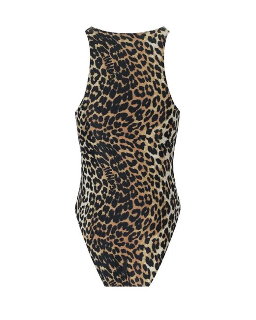 Ganni Black Leopard-print Cut-out Swimsuit