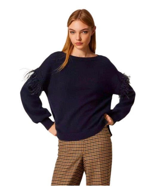 Twinset Blue Sweater With Feathers