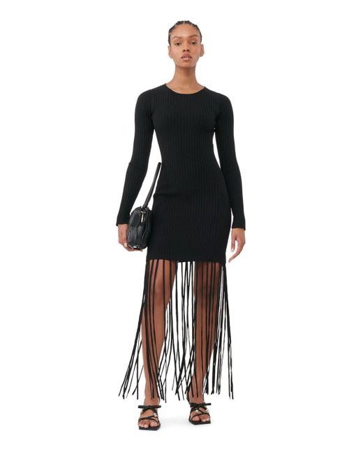 Ganni Black Knitted Dress With Fringes