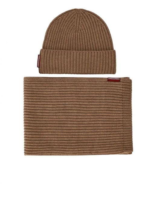 DSquared² Brown Warmy Camel Beanie Scarf Set for men