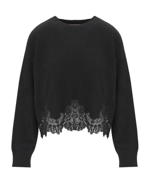 Twinset Black Schwarzer Pullover Mit Spitzendetail