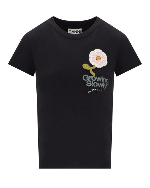 Ganni Black Baby Fit Crochet Anthracite T Shirt