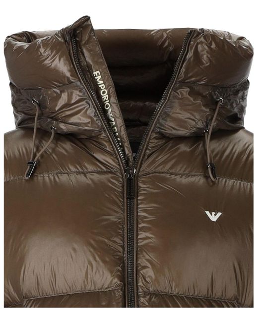 Emporio Armani Brown Hooded Down Jacket With Logo for men