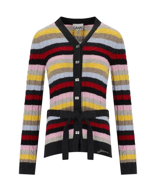 Ganni Multicolor Striped Cardigan With Belt