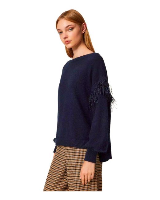 Twinset Blue Sweater With Feathers