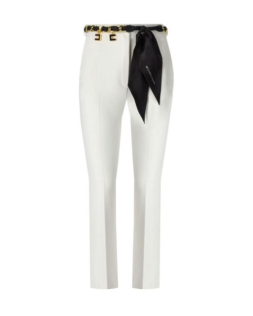 Elisabetta Franchi White Ivory Flare Trousers With Foulard Belt