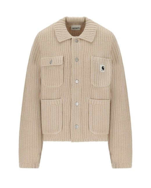 Carhartt Natural Ribbed Knit Cardigan With Shirt Collar And Front Pockets for men